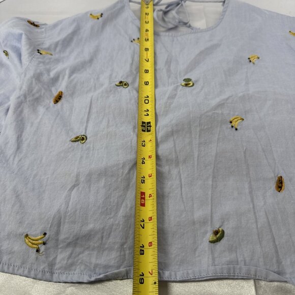 Light Blue Long Sleeve Crop Top Banana/Avocado Embroidery  Open Back  Womens S - Picture 9 of 14